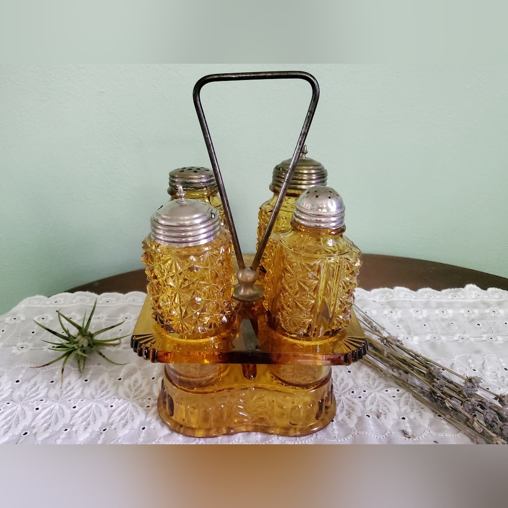 Antique Amber Glass Daisy and Button Bottles Set, W/ Base And Handle